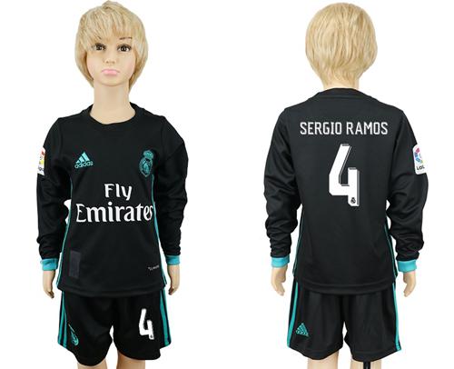 Real Madrid #4 Sergio Ramos Away Long Sleeves Kid Soccer Club Jersey